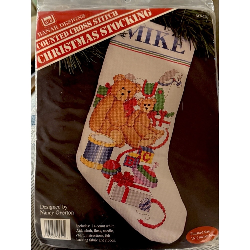 New Christmas Stocking 16" Counted Cross Stitch Kit Teddy Bear Banar Designs